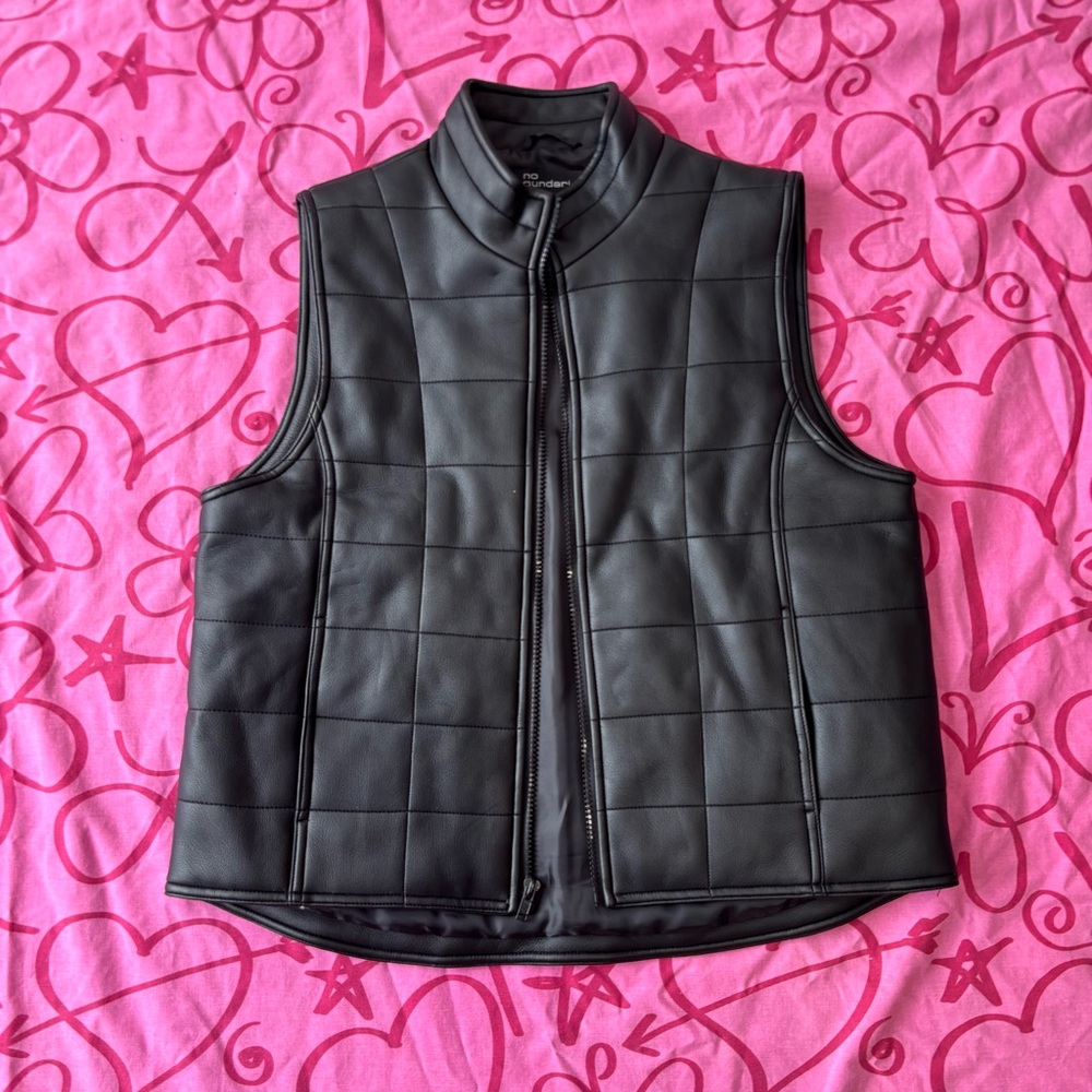 Y2K Vintage No Boundaries Black PVC Faux Leather Quilted Zip Up Vest